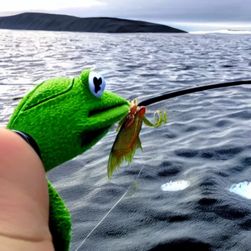 Prompt: kermit the frog crab fishing on a boat in the middle of the artic