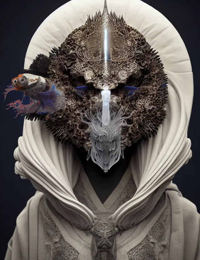 Image similar to 3 d goddess close - up profile portrait of cultist monk in hooded robe with ram skull. beautiful intricately detailed japanese crow kitsune mask and clasical japanese kimono. betta fish, jellyfish phoenix, bio luminescent, plasma, ice, water, wind, creature, artwork by tooth wu and wlop and beeple and greg rutkowski