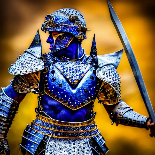 Prompt: photo of a warrior with sapphire encrusted armour highly detailed 8 k hdr smooth sharp focus high resolution award - winning photo dslr 5 0 mm