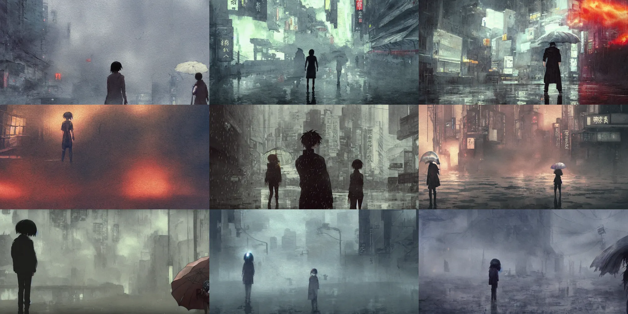 Prompt: incredible screenshot, simple water color, paper texture, fish eye lens, katsuhiro otomo ghost in the shell, mamoru oshii, dramatic camera, backlit girl in raincoat, wet dark road, parasol, crushed, explosion, earthquake destruction, wet reflection, thick fog, smoke, burning robot skull, blazing fire, burning, inferno, fire