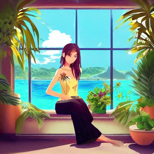 Image similar to a thin, pretty young Filipino woman sits near the window of a cute seaside Cafe with an espresso, golden morning light, cozy, tropical plants, anime style art, trending on artstation