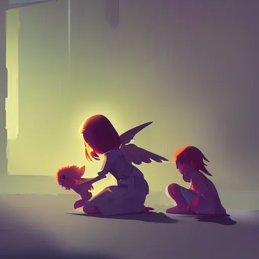 Image similar to Angel protecting child by james gilleard, very detailed, deviantart, artstation