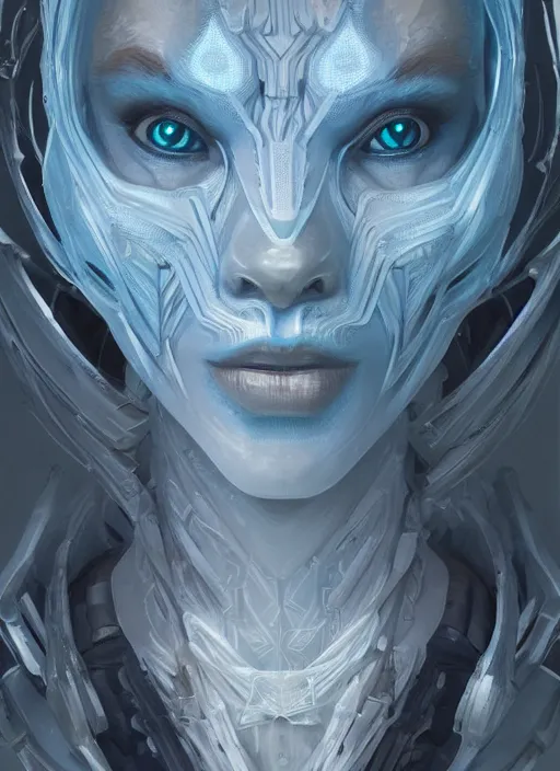 Image similar to symmetry!! portrait of alien made of ice in the style of horizon zero dawn, machine face, intricate, elegant, highly detailed, digital painting, artstation, concept art, smooth, sharp focus, illustration, art by artgerm and greg rutkowski and alphonse mucha, 8 k