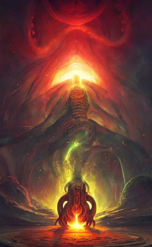 Image similar to a beautiful artwork illustration, cthulhu in a galactic explosion, high contrast, high saturation, by Greg Rutkowski and Jesper Ejsing and Raymond Swanland, featured on artstation, wide angle, vertical orientation