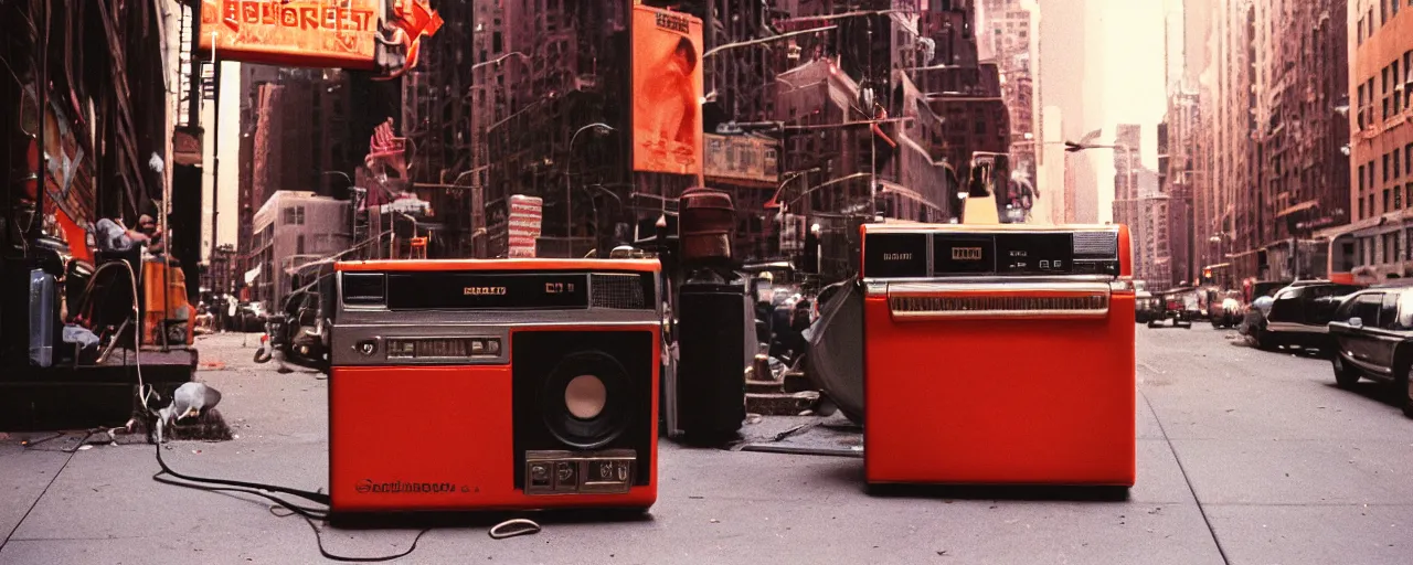 Image similar to a boombox on a nyc street blasting spaghetti out of its speakers, 1 9 8 0's, high detail, canon 5 0 mm, cinematic lighting, photography, retro, film, kodachrome