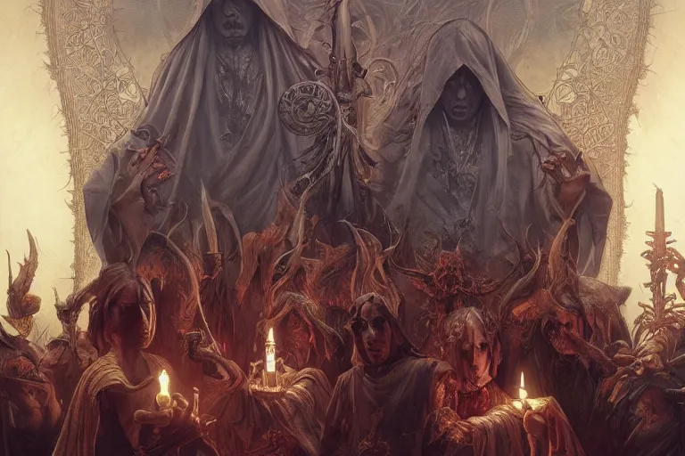 Prompt: painting of evil occult ritual with hooded cult members, demonic shrine, ultra realistic, concept art, intricate details, eerie, highly detailed, photorealistic, octane render, 8 k, unreal engine. art by artgerm and greg rutkowski and alphonse mucha