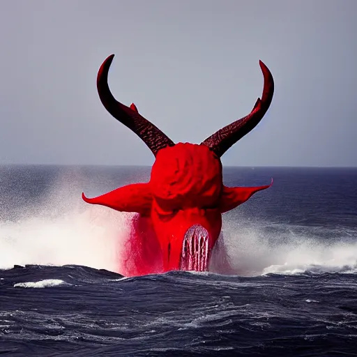 Image similar to a devilish red monster with horns emerging from boiling rough seas, photo by david lachapelle, s - 5 0