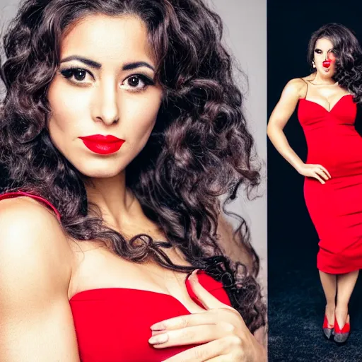 Prompt: “beautiful Latina woman, unusually muscular, red lipstick, red dress, 50mm, bokeh, studio lighting, professional photography,”