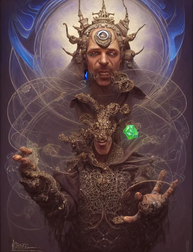 Image similar to front shot of a court jester character, hyperdimensional, bioluminescent hypercubes, ((intricate)), elegant, highly detailed, centered, (((artstation, concept art, smooth, sharp focus, artgerm, Tomasz Alen Kopera, Peter Mohrbacher, donato giancola, Joseph Christian Leyendecker, WLOP, Boris Vallejo))), mugshot!!!!!, ugly!!!!!!, octane render, nvidia raytracing demo, grainy, muted, 8K, digitalblasphemy