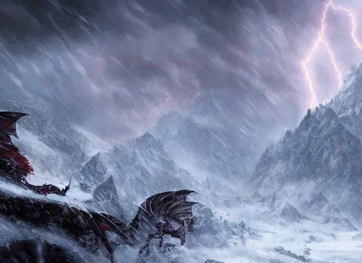 Image similar to an epic dragon, beautiful snowy landscape, lightning storm, dramatic lightning, cinematic, establishing shot, extremly high detail, photorealistic, cinematic lighting, epic fight scene, post processed, concept art, artstation, matte painting, style by greg rutkowsky