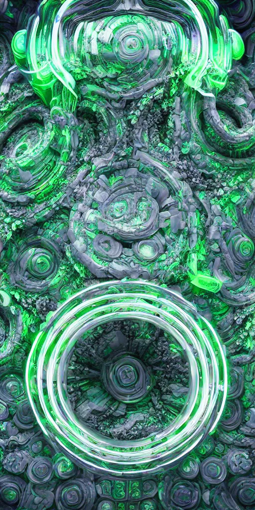 Image similar to 3 d photographic render of mandelbulb sculpture, neon circles, chrometype, made of liquid metal, neotribal with thorns and green thunders, cyberpunk, raytracing, hyper realistic, volumetric lightning, 8 k, by zhelong xu and ouchh studio