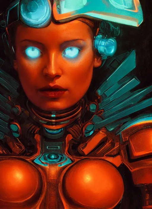 Image similar to ( ( symmetry ) ) closeup portrait of a stunning cyborg girl ( ( ( crying in tears ) ) ), armor set, strong cinematic light, backlit, teal orange, viscous volumetric smoke, mist, by gerald brom, by mikhail vrubel, by peter elson, muted colors, extreme detail, trending on artstation, 8 k