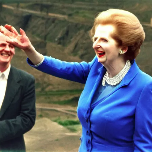 Image similar to margaret thatcher pointing and laughing at coal miners