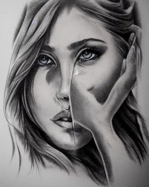 Image similar to tattoo design sketch of a blend between a beautiful woman face and beautiful mountains, hyper - realistic, in the style of den yakovlev, amazing detail, black and white