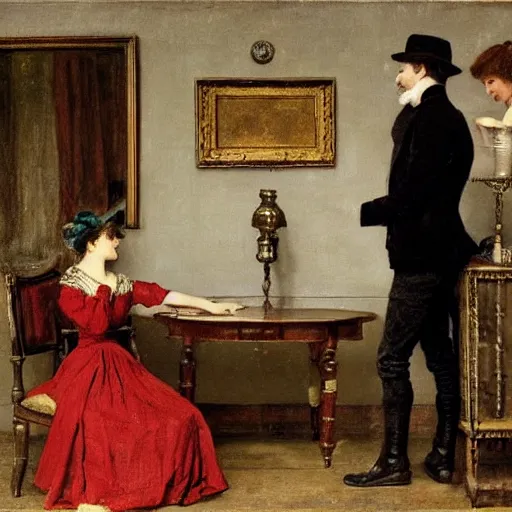 Prompt: young victorian man and woman solving an escape room riddle, painted by alfred stevens