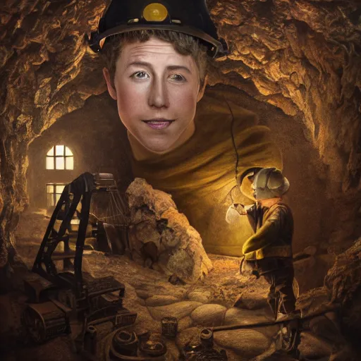 Image similar to skyler gisondo as a sooty steampunk miner in a crystal cave, detailed oil painting, highly detailed, highly accurate, deep aesthetic, 8 k, highly ornate intricate details, cinematic lighting, rich colors, ray tracing, hyperrealistic, photorealistic, cinematic landscape, trending on artstation,