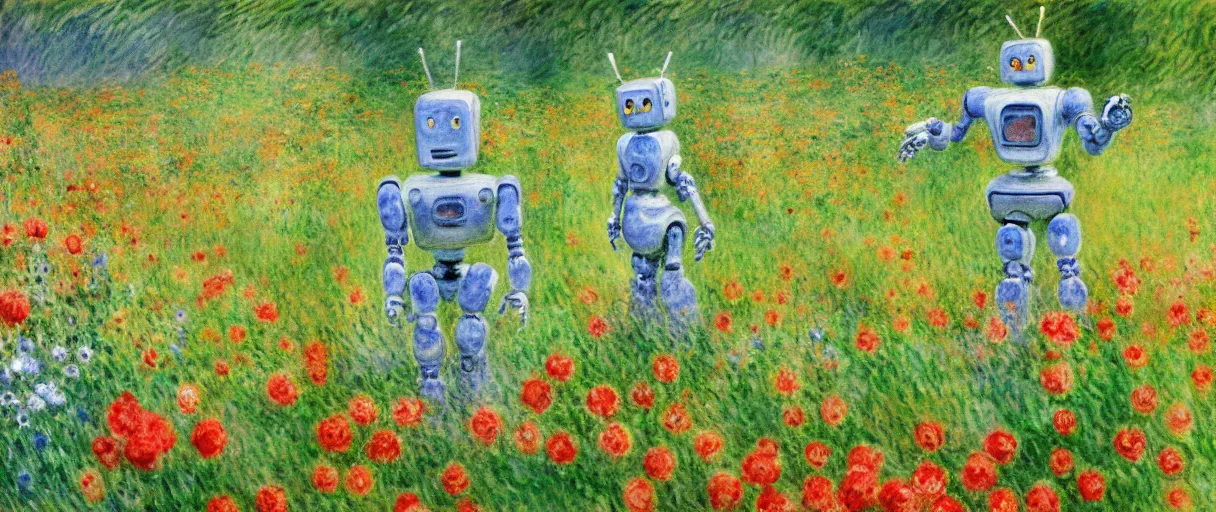 Image similar to a robot standing on flower garden looking small with many kinds flower arround him, watercolor art, 1 8 8 0 s, calude monet style, colorfule, hd, uhd