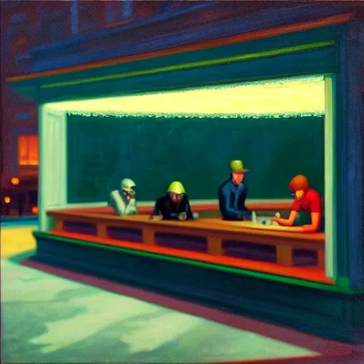 Image similar to “ nighthawks by edward hopper, but with aliens in the cafe.