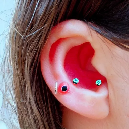 Prompt: watermelon with metal jewelery piercings, lip ring, plugs