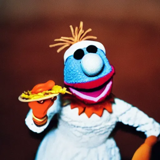 Image similar to a woman with a fork eating a muppet