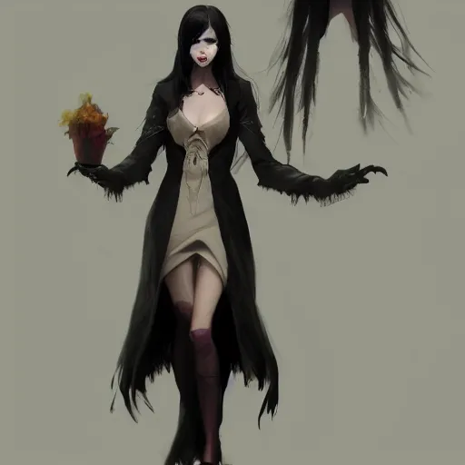 Image similar to female human vampire witch in the style of greg rutkowski, makoto shinkai, trending on artstation, character design, concept art, pretty face, highly detailed, long black hair, portrait, digital art