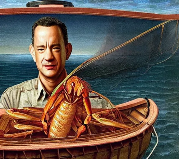 Image similar to Tom hanks as forrest gump fishing for shrimp in a giant shrimp boat, realistic face, renaissance painting, amazing detail