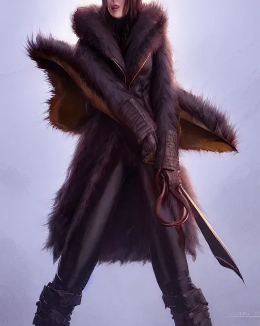 Image similar to dragon hunter wearing a fur - lined dragonhide jacket!!! beautiful and elegant female!! symmetry, character concept art, sharp focus, illustration, artgerm!! greg rutkowski! wlop!! ilya kuvshinov!! charlie bowater! octane render! unreal engine 5! highly rendered!! trending on artstation!!!