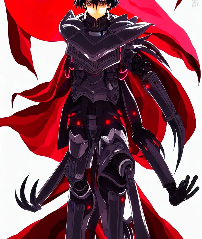 Image similar to a detailed manga illustration character full body portrait of a dark haired cyborg anime man who has a red mechanical eye and is wearing a cape, trending on artstation, digital art, 4 k resolution, detailed, high quality, sharp focus, hq artwork, insane detail, concept art, character concept, character illustration, full body illustration, cinematic, dramatic lighting