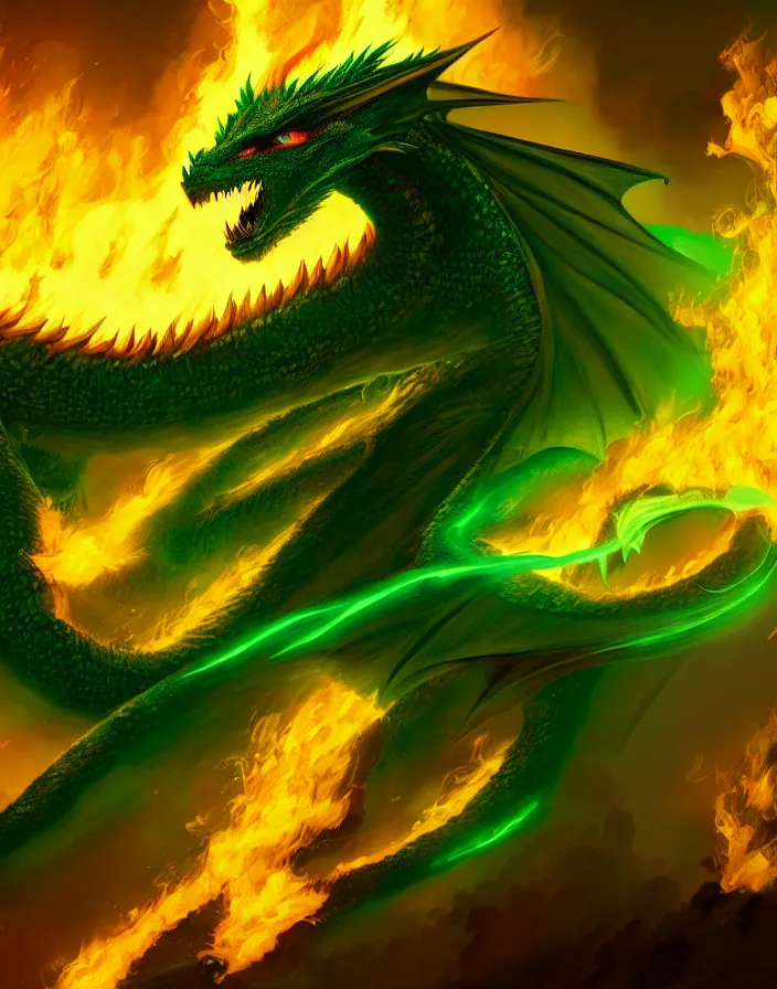 Prompt: Digital painting of a green dragon in flames, hyperdetailed, artstation, cgsociety, 8k