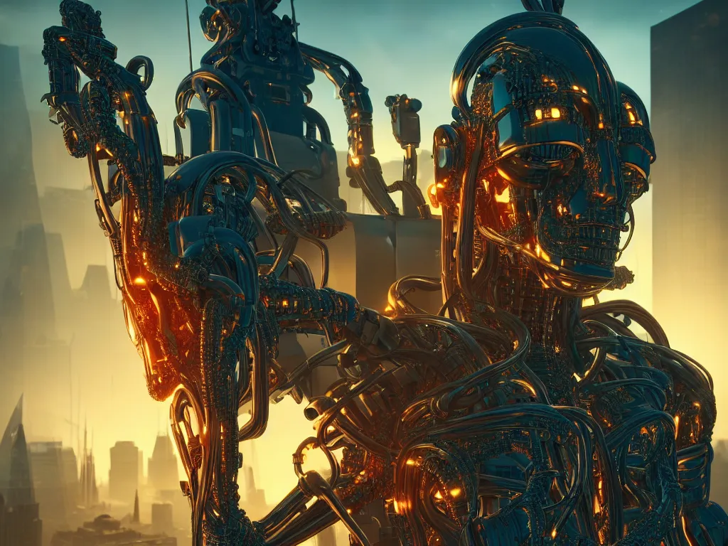 Prompt: an ancient beautiful cyborg of the elder gods in the city of London, colourful, dramatic lighting, golden hour, very detailed octane render very realistic beautiful