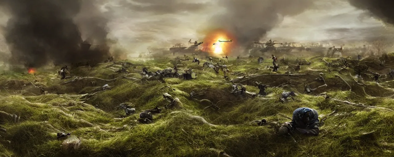 Image similar to natural looking fight landscape of ww 1 trenches, with green gas spreading across land, soldiers are attacking fighting with resistance aliens, futuristic tank is on fire, ground explosion in the background, alien mothership in the sky, hyper realistic, highly detailed, dramatic lighting, raytarced, god rays, 4 k, 8 k, matte painting