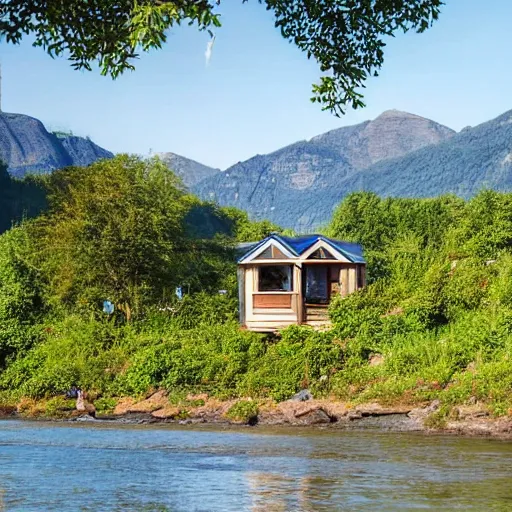Image similar to A cottage on a river bank Surrounded by trees and mountains in the background and beach chairs in the foreground