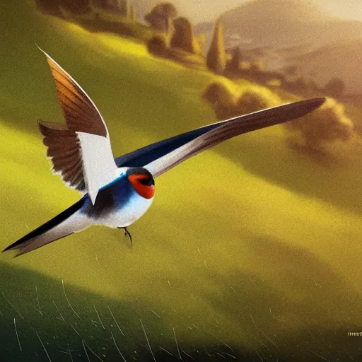 Prompt: closeup of a spanish swallow bird in avila, golondrina, green fields, dawn, summer season, 4 k, midday light, concept art, by wlop, ilya kuvshinov, artgerm, krenz cushart, greg rutkowski, pixiv. cinematic dramatic atmosphere, sharp focus, volumetric lighting, cinematic lighting, studio quality