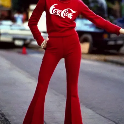 Image similar to a 1980s supermodel holding a coke bottle in her left hand about ready to take a sip