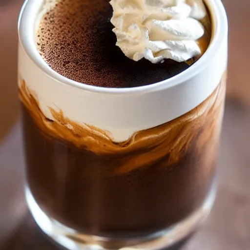 Prompt: close-up of nitro-cold-brew-coffee mixing with cream, perfect turbulence mixing cream-and-coffee, swirled, texture,