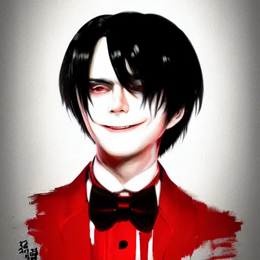 Image similar to full face shot of a handsome butler with straight black hair, a red highlight, long bangs, with alligator eyes, creepy smile, fancy, ultra detailed, brush strokes, digital painting, cinematic, wlop artstation, pixiv, intimidating glare, yoshitaka amano, andy warhol, ultra realistic,