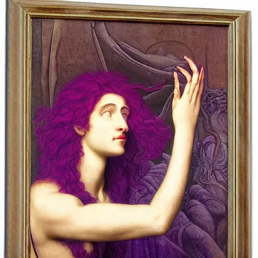 Prompt: washed - out outrun, tyrian purple by evelyn de morgan. a beautiful installation art of a giant head. the head is bald & has a big nose. the eyes are wide open & have a crazy look. the mouth is open & has sharp teeth. the neck is long & thin.