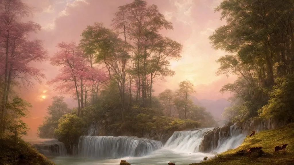 Prompt: the most beautiful panoramic landscape, oil painting, where a giant dreamy waterfall creates a river, the trees around are starting to bloom in pink colors, a majestic deer is in close - up and it is exhaling steam, the ray lights of the sunrise are brightening him, by greg rutkowski