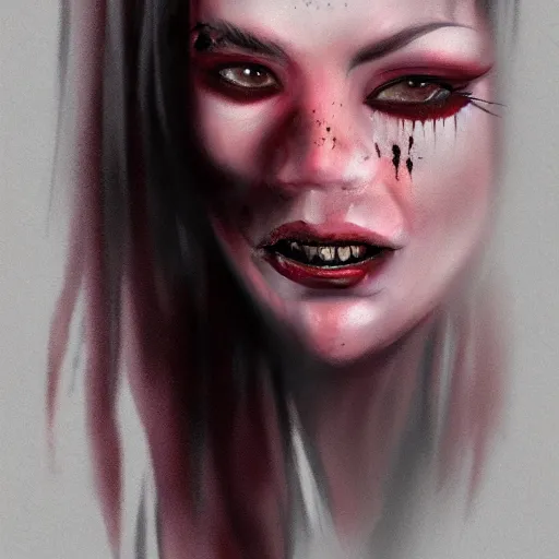 Prompt: a realistic head and shoulder professional portrait of a female vampire, painted, interesting color use, vampire fashion, highly detailed, melancholy, vampire teeth