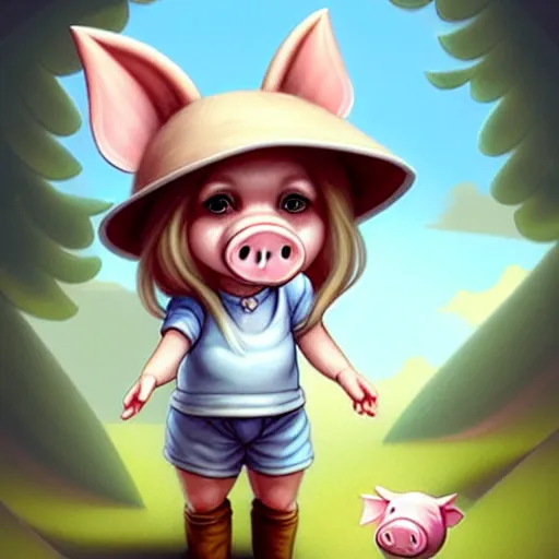 Image similar to cute little anthropomorphic funny female pig wearing shorts, a sunhat, boots and a pale blue shirt!! tiny!! fully clothed!!! small, short, cute and adorable, character art portrait, matte fantasy painting, deviantart artstation, by jason felix by steve argyle by tyler jacobson by peter mohrbacher, cinema