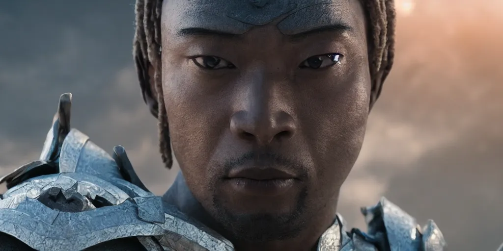 Image similar to a film still of a black man starring in a japanese blockbuster film as san ancient samurai, shallow depth of field, cinematic, award winning cgi, vfx, film still