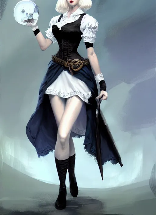 Prompt: dnd character concept art by craig mullins and tom bagshaw of full body!! illustration of a beautiful platinum blonde victorian maid. beautiful slender face, playful updo, big blue eyes, fine pointy chin, slender nose, high cheek bones, soft lips. maid in a black dress with white apron. lace, embroidery, leather, studs.