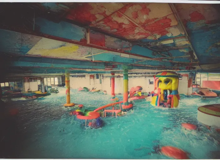 Image similar to polaroid photo of an abandoned colorful indoor water park with strange creatures lurking