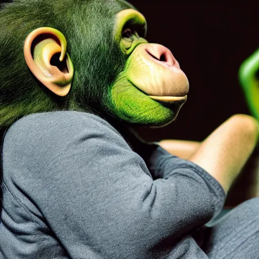 Image similar to a photo of a green chimp wearing headphones