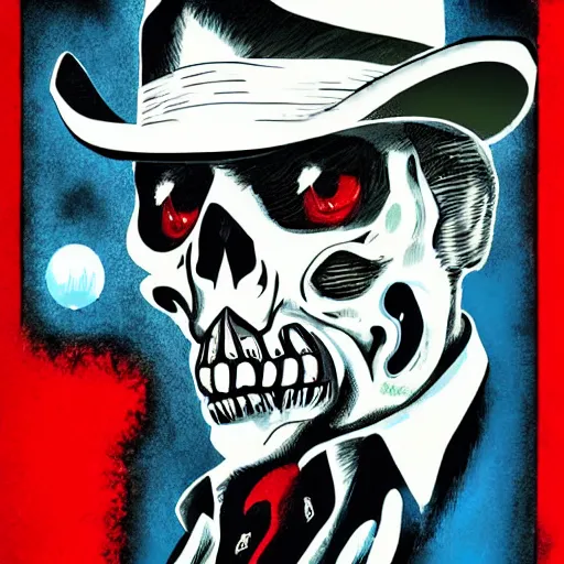 Prompt: skullfaced vaquero,, deathlike visage, pulp science fiction illustration