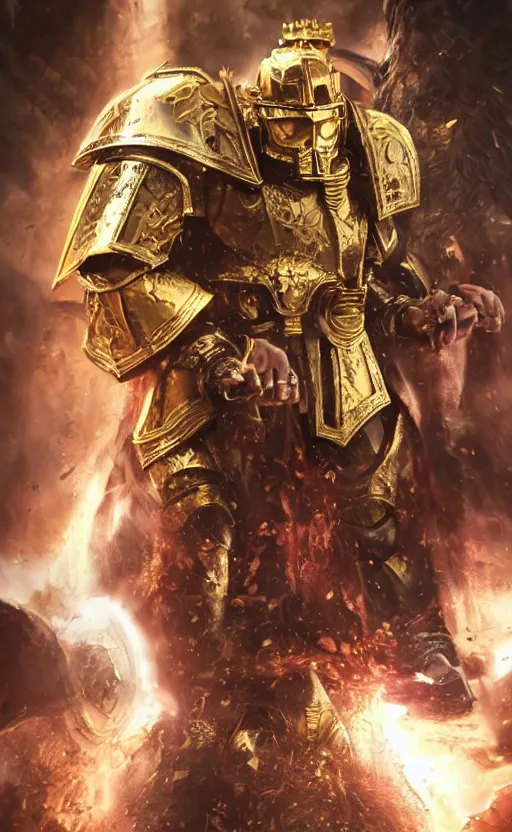 Image similar to angry Henry Cavill as warhammer 40k God-Emperor of Mankind dressed in his glowing golden power armor. full-length portrait, beautiful face, long hair, painted by Donato Giancarlo, intricate fine armor rune details, cinematic, highly detailed, octane render