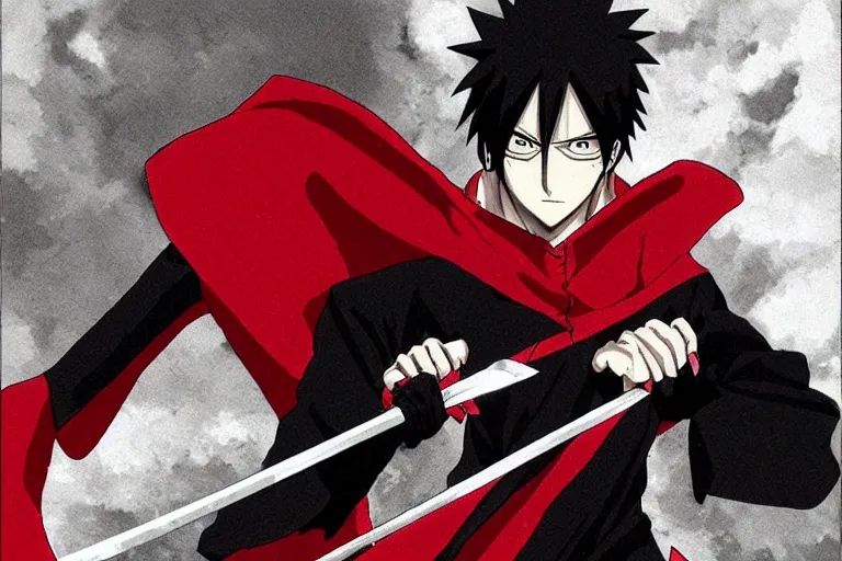 Image similar to a twin blade muscular swordsman, red and black cape and hoodie, scary, intimidating, worn out clothes, torn clothes, as a manga by Masashi Kishimoto