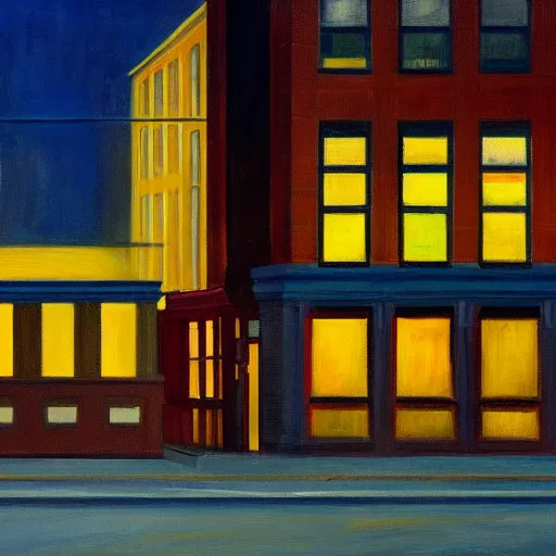 Image similar to a moody city painting at night in the style of Edward Hopper, 4k,