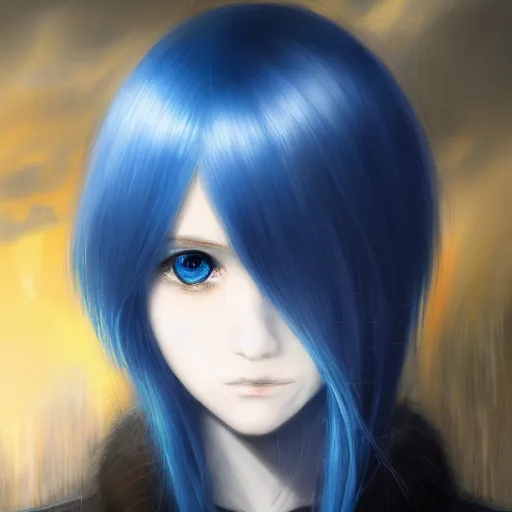 Prompt: face shot of rimuru tempest, sky blue straight hair, long bangs, with amber eyes, gold eyes, wearing a black jacket, high collar, ultra detailed, brush strokes, digital painting, cinematic, wlop artstation, closeup, pixiv, eerie, scary, intimidating glare, evil, yoshitaka amano, junji ito,