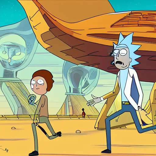 Image similar to rick and morty are chased by a giant sphinx in a futuristic city. digital art.